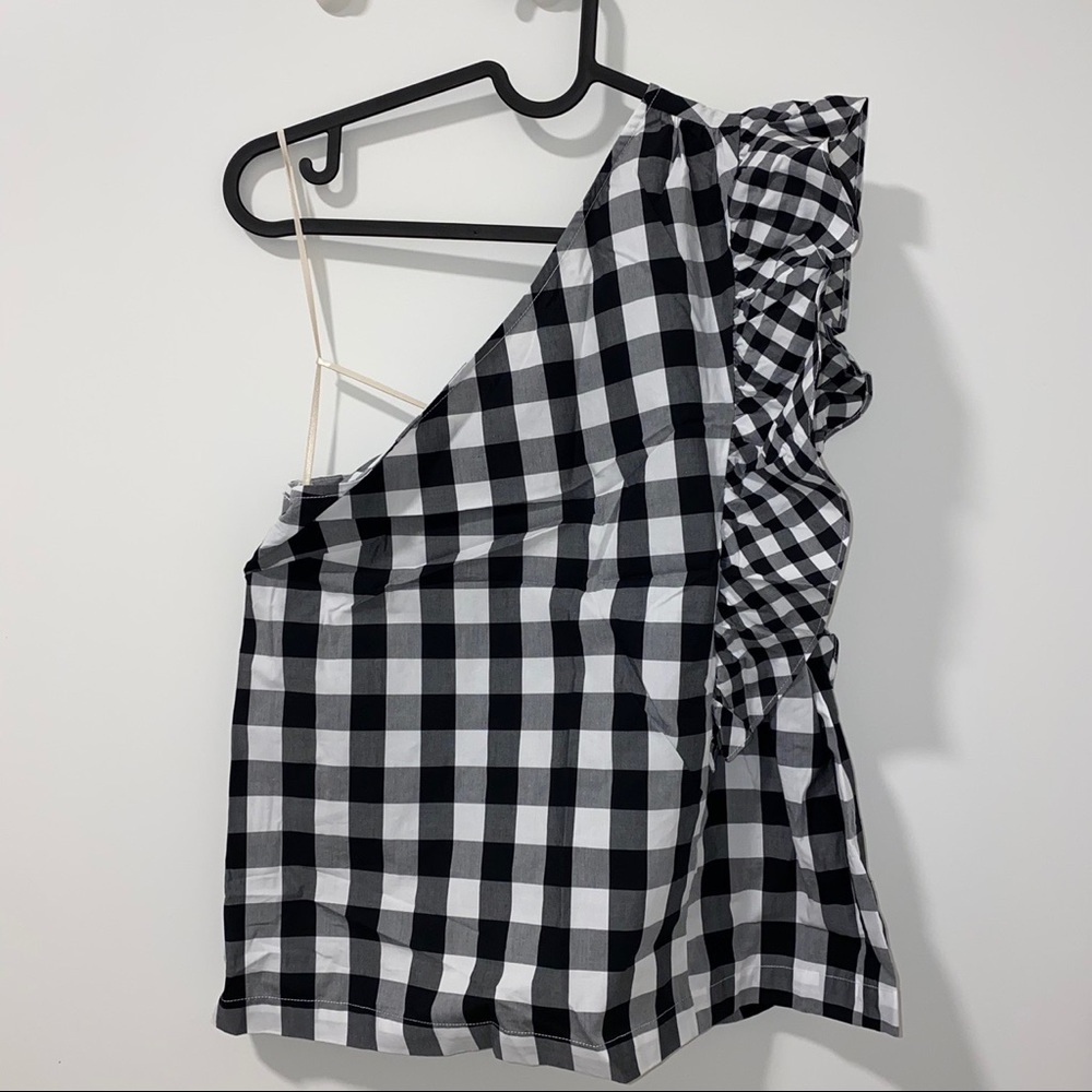 J. Crew Black and White Gingham One-Shoulder Blouse